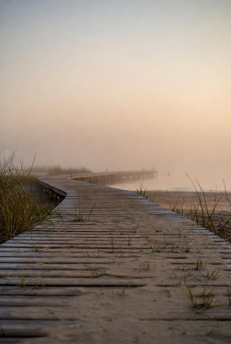 A boardwalk path disappearing into morning fog